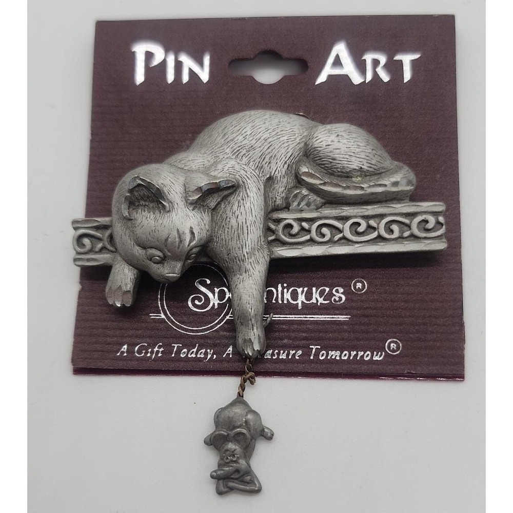 Vintage NOS JJ Jonette pewter‎ tone Cat Dangling Mouse Brooch Pin